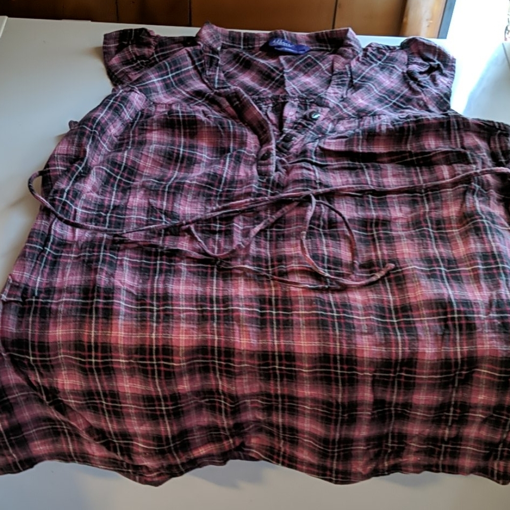 Two-tone pink black and white plaid blouse